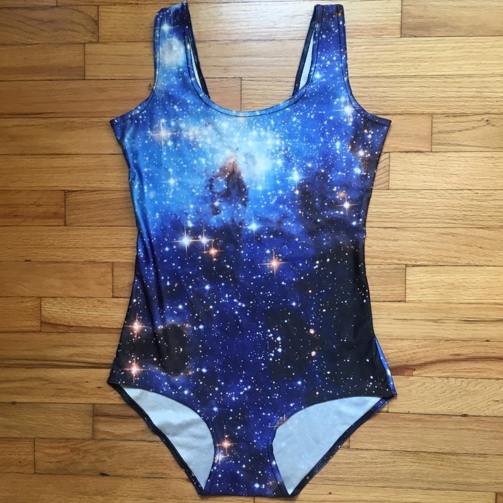 Space print leotard top, stars print one piece, M